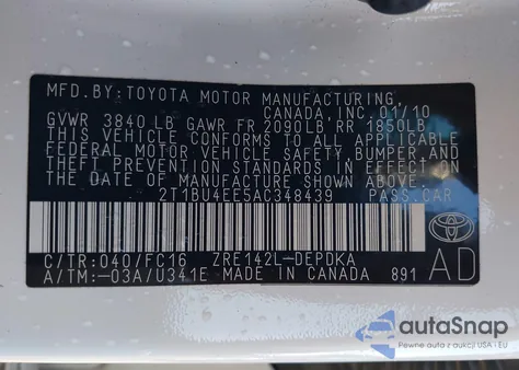 2010 Toyota Corolla Le from USA, damaged, VIN 2T1BU4EE5AC348439